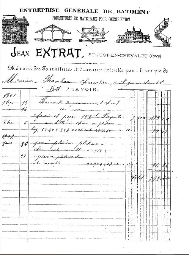 En-tête « Jean Extrat, Entreprise générale de bâtiment » et mémoire de travaux daté de 1901, Saint-Just-en-Chevalet