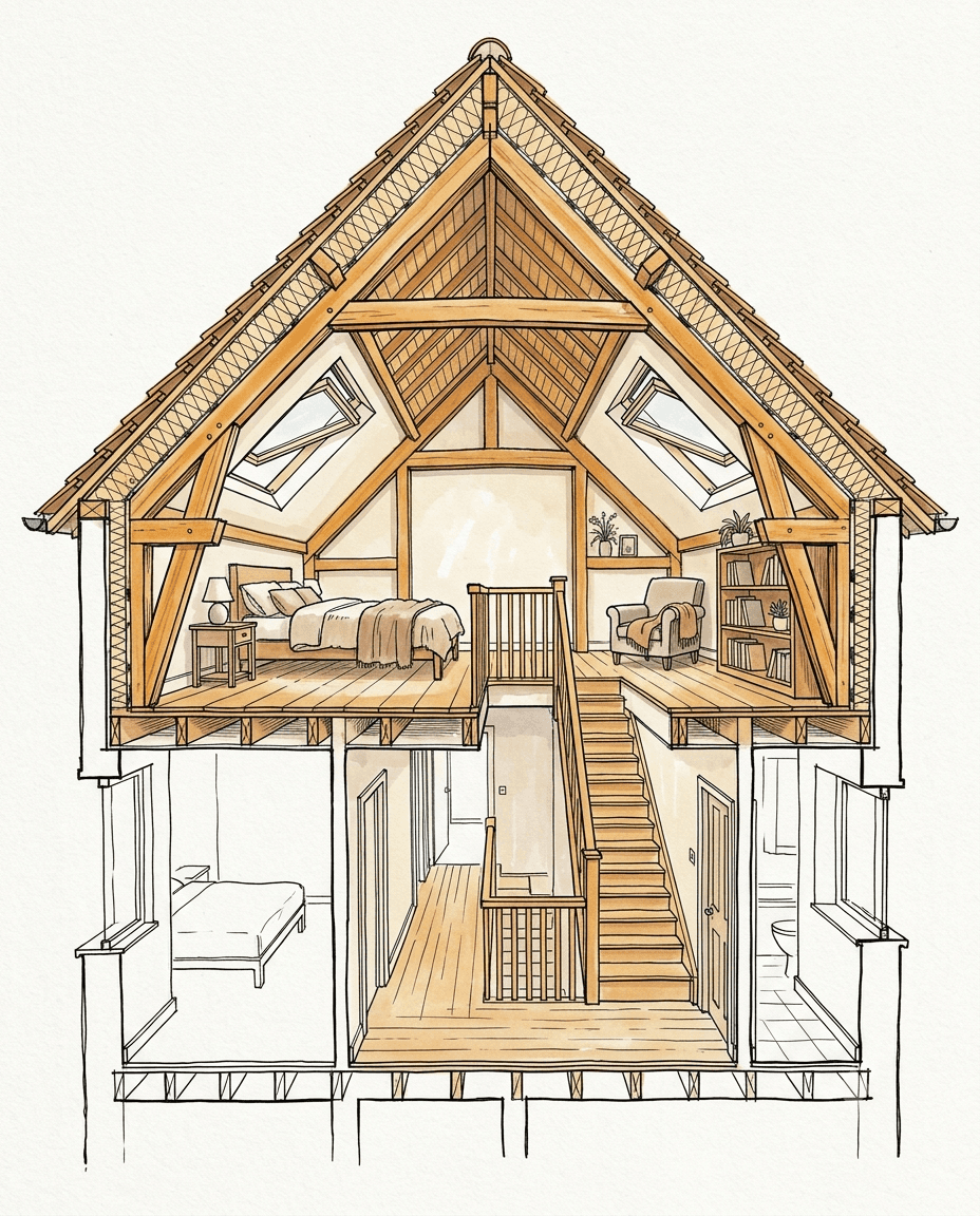 Schéma en coupe d'un aménagement de combles : charpente traditionnelle modifiée, escalier, fenêtres de toit et pièce habitable