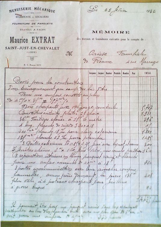 En-tête de Maurice Extrat, menuiserie mécanique et charpente à Saint-Just-en-Chevalet, mémoire de travaux daté de 1932