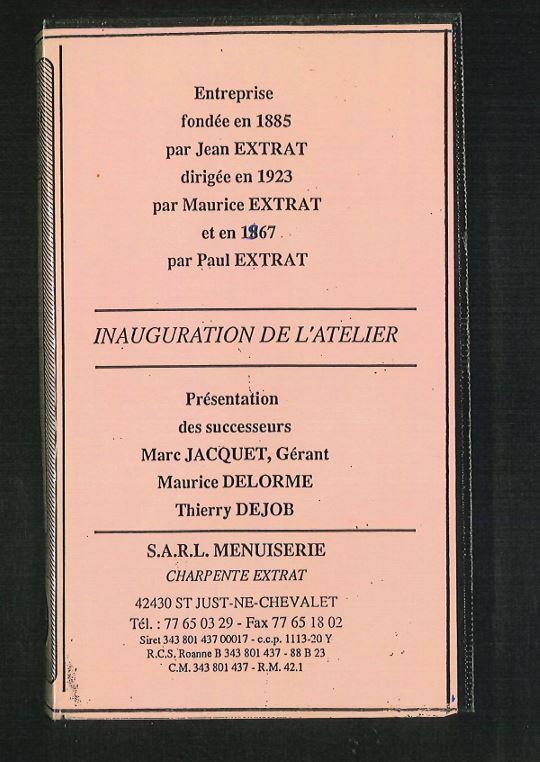 Carte d'inauguration de l'atelier retraçant la lignée de l'entreprise Extrat et ses successeurs